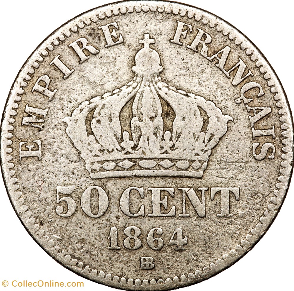 50 centimes, tête laurée, Napoléon III, 1864, Strasbourg monnaies monde france 50 centimes tete lauree napoleon iii 1864 strasbourg