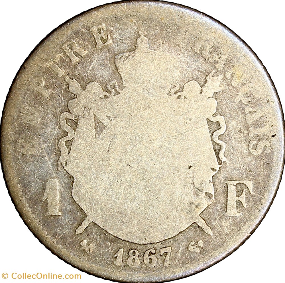1 franc, tête laurée, Napoléon III, 1867, Bordeaux, contremarque SEDAN monnaies france modernes 1 franc tete lauree napoleon iii 1867 bordeaux contremarque sedan