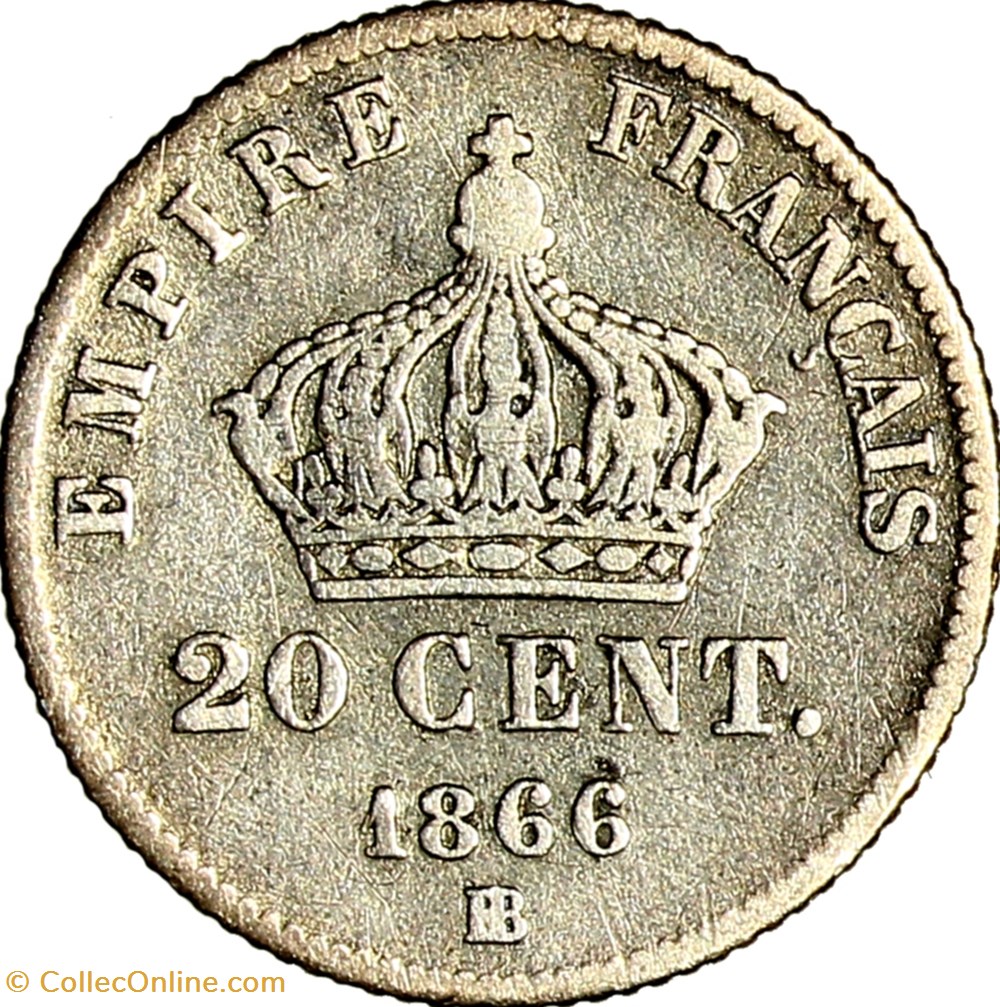20 centimes Napoléon III, tête laurée, petit module, Napoléon III, 1866, Strasbourg monnaies monde france 20 centimes napoleon iii tete lauree petit module napoleon iii 1866 strasbourg