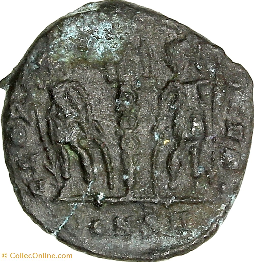 Centenionalis de Constantin Ier, Gloria Exercitus 1 enseigne, 336-337, Constantinople monnaies antiques romaines imperiales et republicaines centenionalis de constantin ier gloria exercitus 1 enseigne 336 337 constantinople