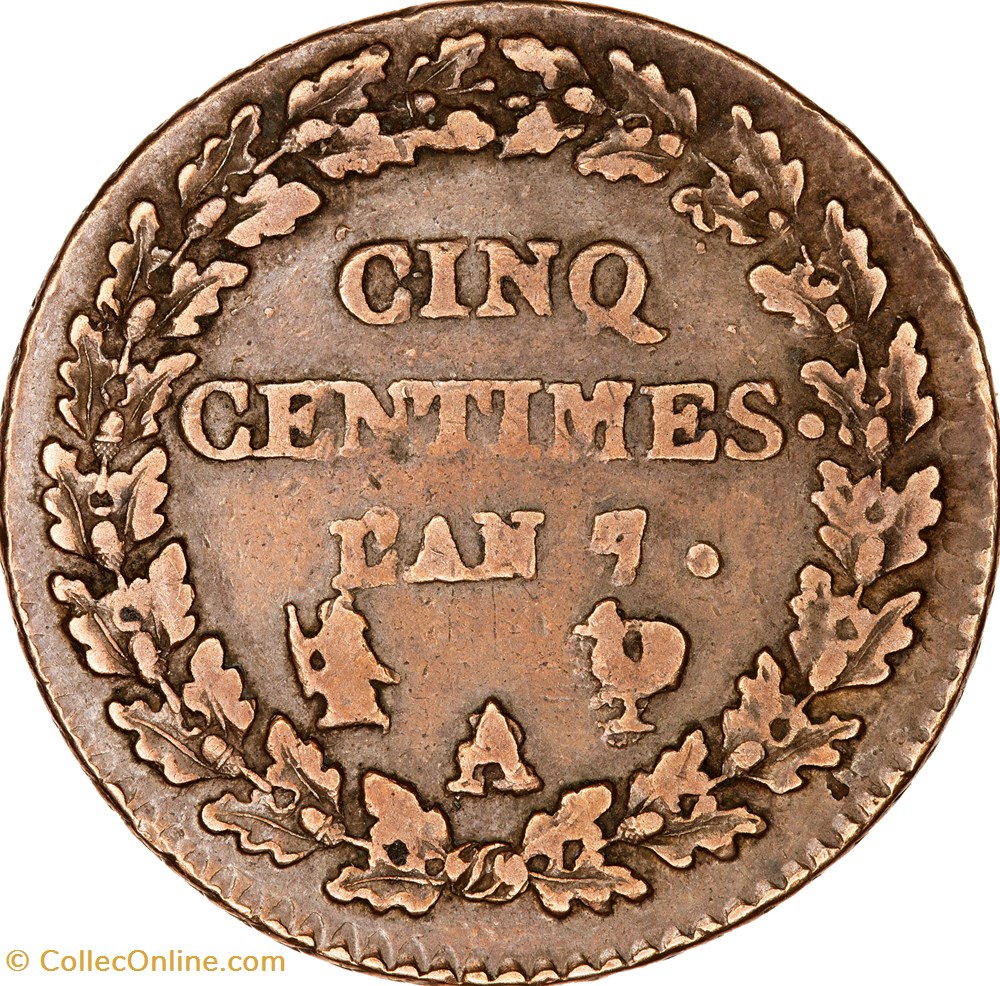 Cinq centimes Dupré, grand module, le Directoire, an 7 / 5, A / B, coq / vase, Paris monnaies monde france cinq centimes dupre grand module le directoire an 7 5 a b coq vase paris