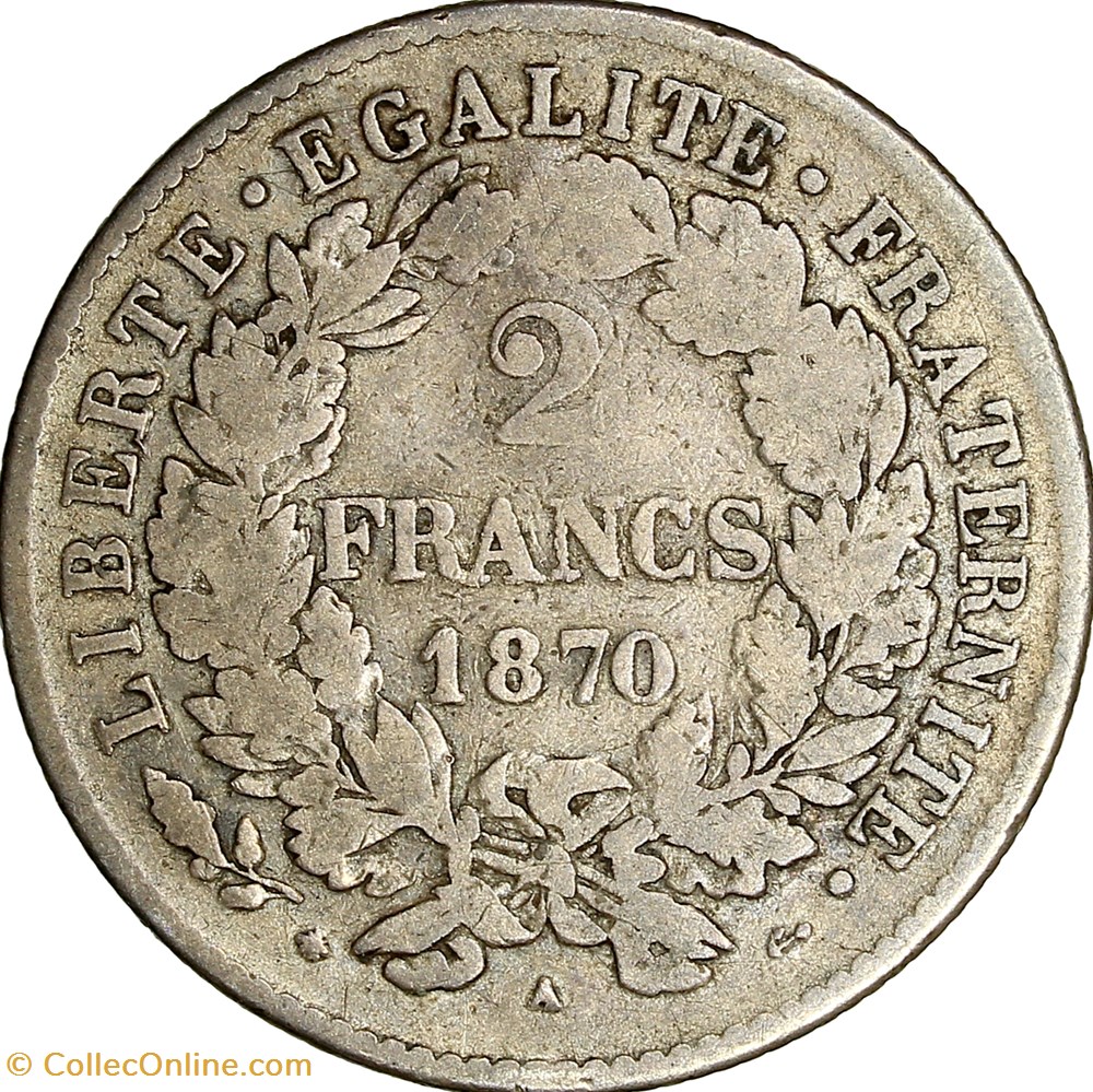 2 francs Cérès, avec légende, IIIe République, 1870, petit A, Paris monnaies monde france 2 francs ceres avec legende iiie republique 1870 petit a paris