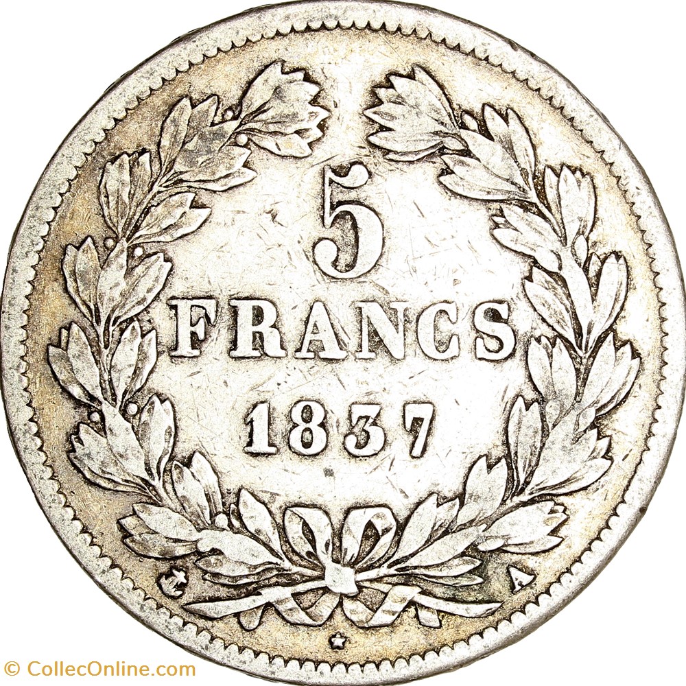 5 francs, 2e type Domard, Louis-Philippe Ier, 1837, Paris monnaies monde france 5 francs 2e type domard louis philippe ier 1837 paris