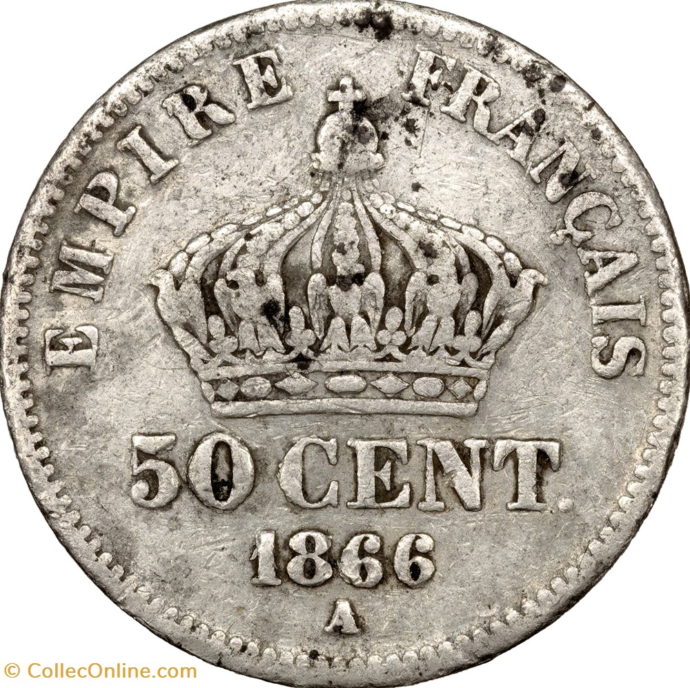 50 centimes, tête laurée, Napoléon III, 1866, Paris monnaies monde france 50 centimes tete lauree napoleon iii 1866 paris