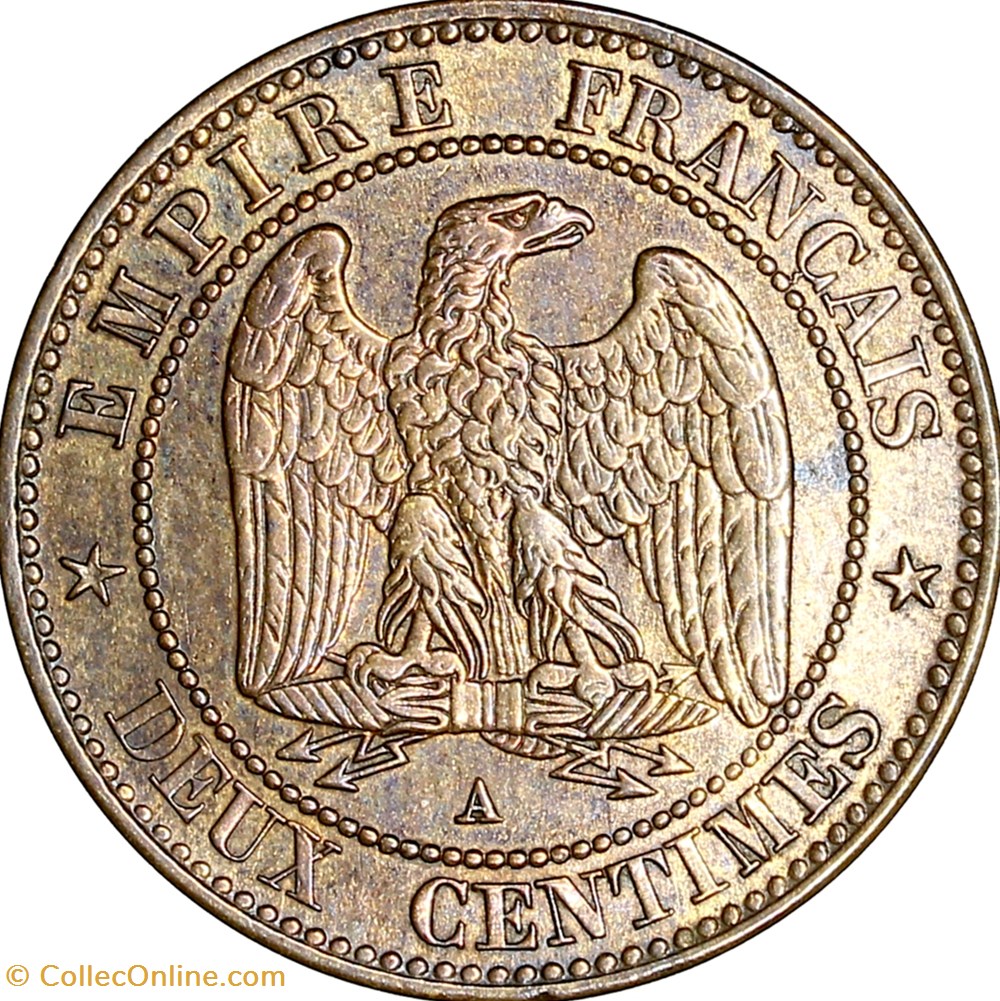 Deux centimes, tête nue, Napoléon III, 1855, ancre, Paris monnaies monde france deux centimes tete nue napoleon iii 1855 ancre paris