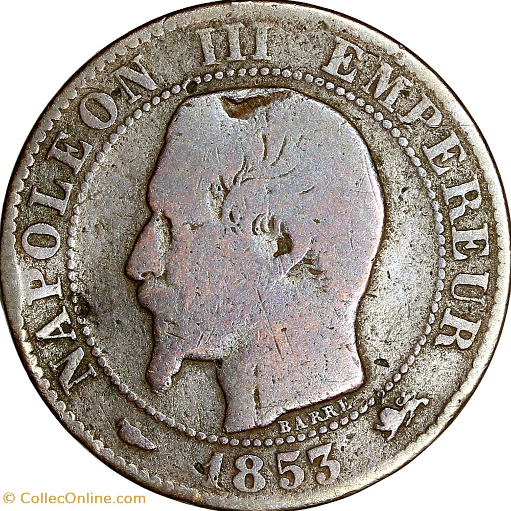 Cinq centimes, tête nue, Napoléon III, 1853, Lyon monnaies monde france cinq centimes tete nue napoleon iii 1853 lyon