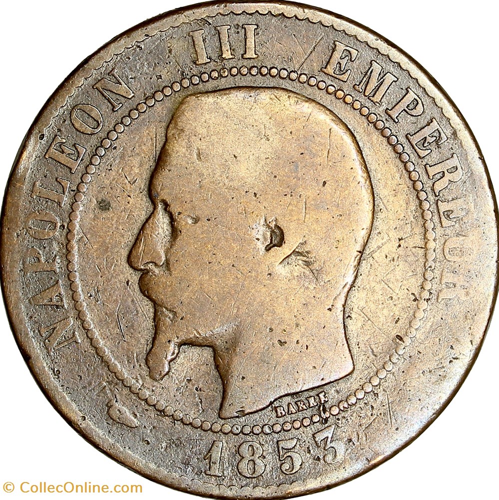 Dix centimes, tête nue, Napoléon III, 1853, coquille normale, Marseille monnaies monde france dix centimes tete nue napoleon iii 1853 coquille normale marseille