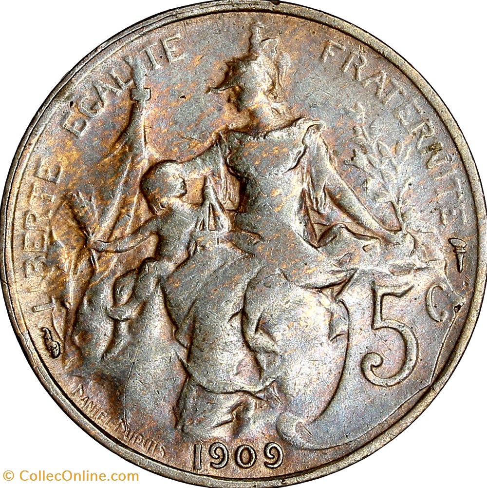 5 centimes Daniel-Dupuis, IIIe République, 1909 monnaies france modernes 5 centimes daniel dupuis iiie republique 1909