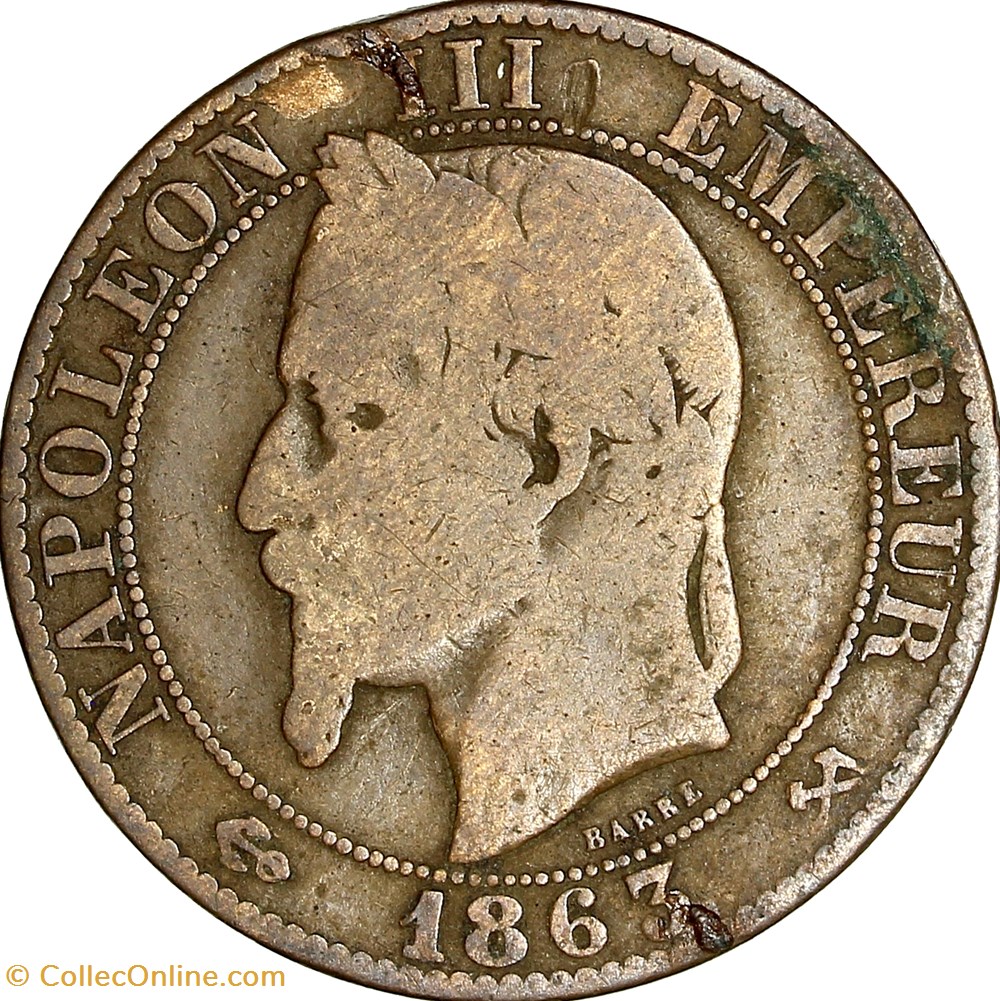 Cinq centimes, tête laurée, Napoléon III, 1863, Bordeaux monnaies monde france cinq centimes tete lauree napoleon iii 1863 bordeaux