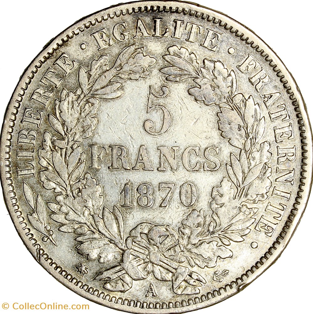 5 francs Cérès, avec légende, IIIe République, 1870, Paris monnaies monde france 5 francs ceres avec legende iiie republique 1870 paris