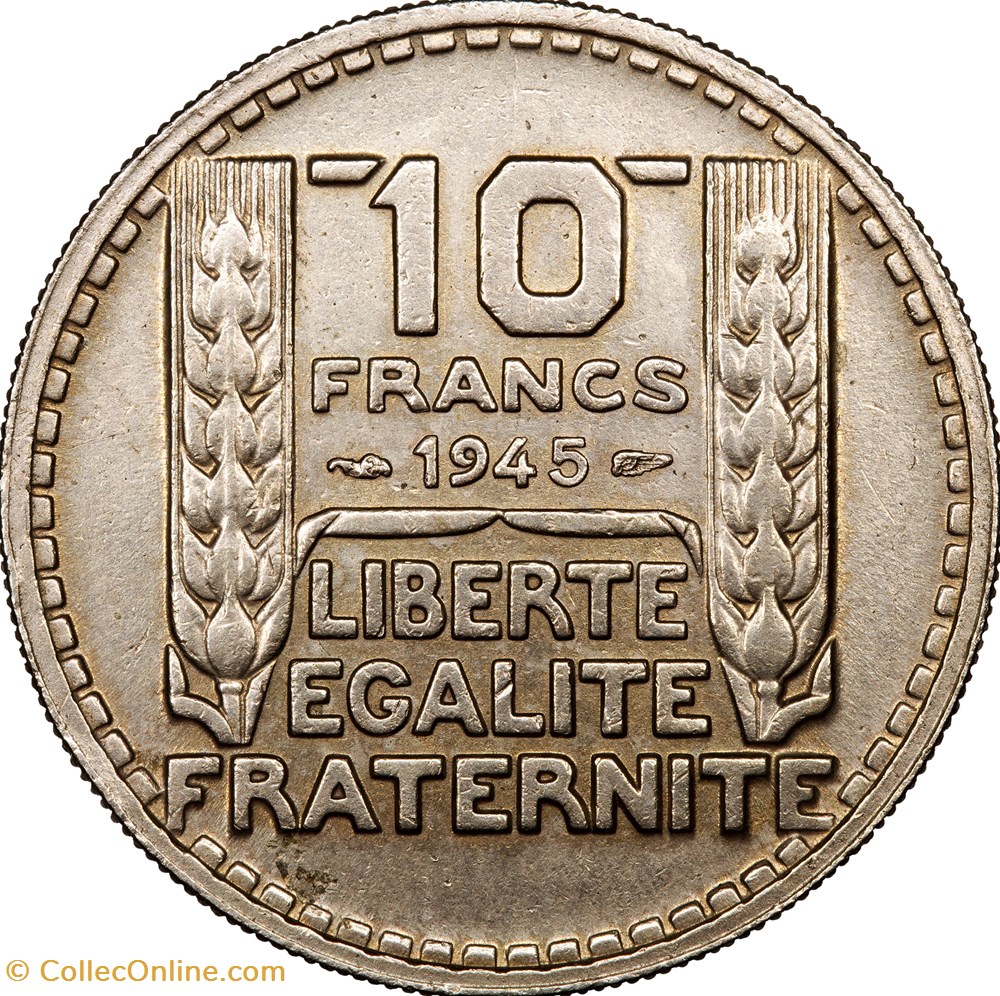 10 francs Turin, grosse tête, rameaux courts, GPRF, 1945 monnaies monde france 10 francs turin grosse tete rameaux courts gprf 1945