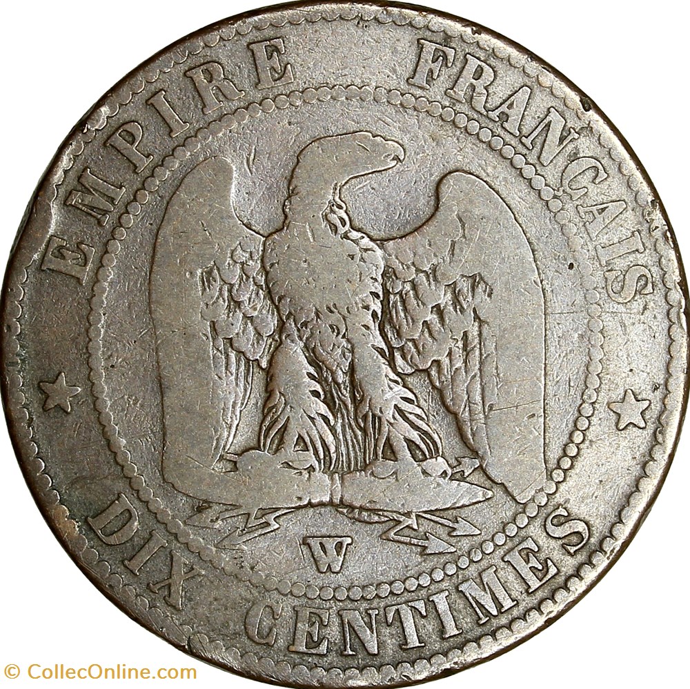 Dix centimes, tête nue, Napoléon III, 1855, ancre, Lille monnaies monde france dix centimes tete nue napoleon iii 1855 ancre lille