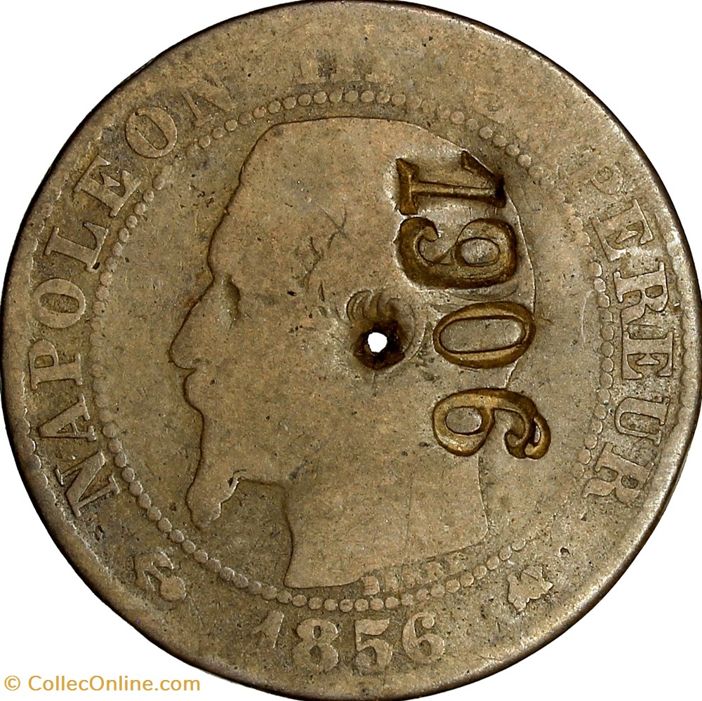 Cinq centimes, tête nue, Napoléon III, 1856, Bordeaux, contremarque 1906 monnaies france modernes cinq centimes tete nue napoleon iii 1856 bordeaux contremarque 1906