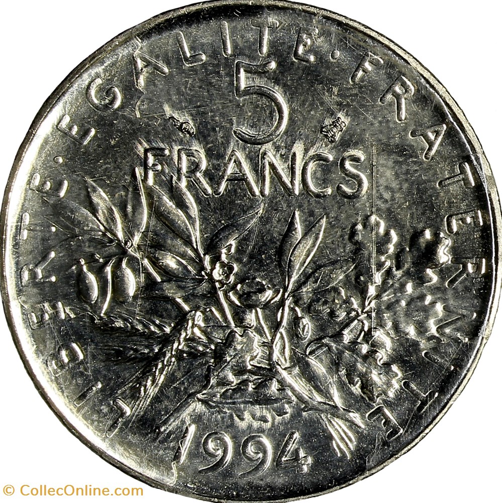 5 francs Semeuse, nickel, BU, abeille, 1994 monnaies monde france 5 francs semeuse nickel bu abeille 1994