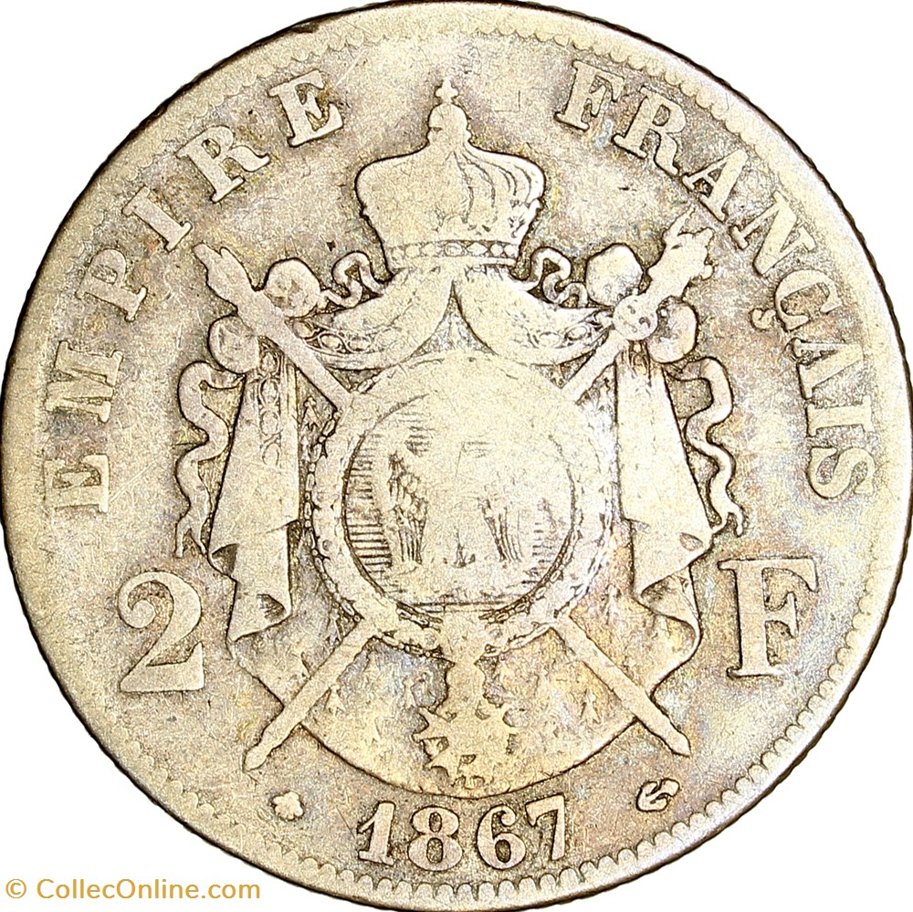 2 francs, tête laurée, Napoléon III, 1867, Paris monnaies monde france 2 francs tete lauree napoleon iii 1867 paris
