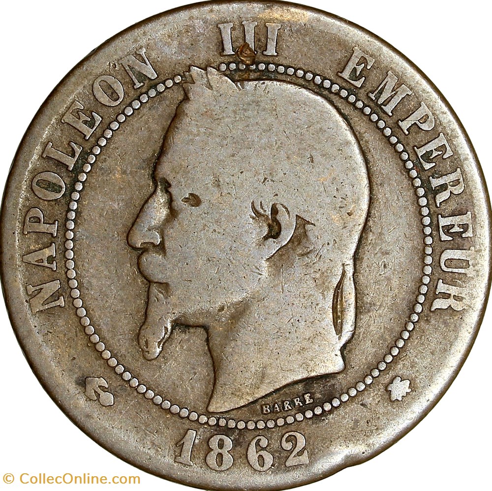 Dix centimes, tête laurée, Napoléon III, 1862, Paris monnaies monde france dix centimes tete lauree napoleon iii 1862 paris