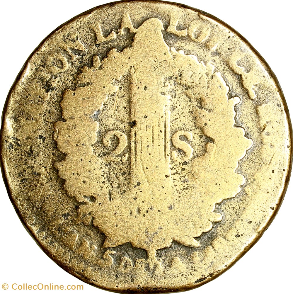 2 sols au faisceau, type Français, Louis XVI, 1793, an 5, Strasbourg monnaies monde france 2 sols au faisceau type francais louis xvi 1793 an 5 strasbourg