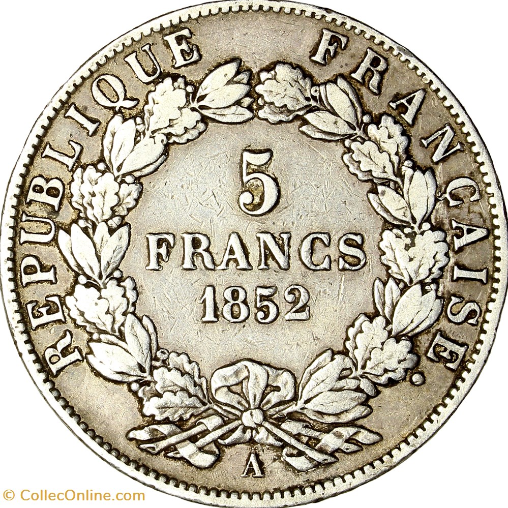 5 francs Louis-Napoléon Bonaparte, 2e type, IIe République, 1852, Paris monnaies monde france 5 francs louis napoleon bonaparte 2e type iie republique 1852 paris