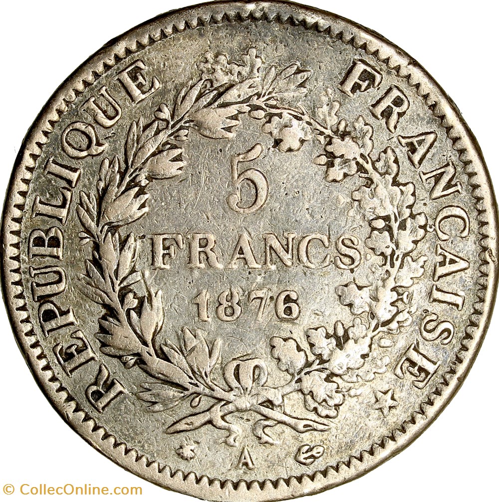 5 francs Hercule, IIIe République, 1876, Paris monnaies monde france 5 francs hercule iiie republique 1876 paris