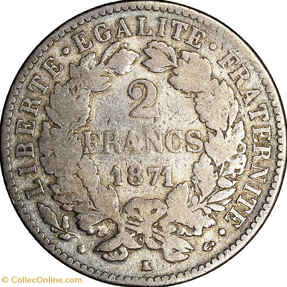 2 francs Cérès, avec légende, IIIe République, 1871, petit K, Bordeaux monnaies monde france 2 francs ceres avec legende iiie republique 1871 petit k bordeaux