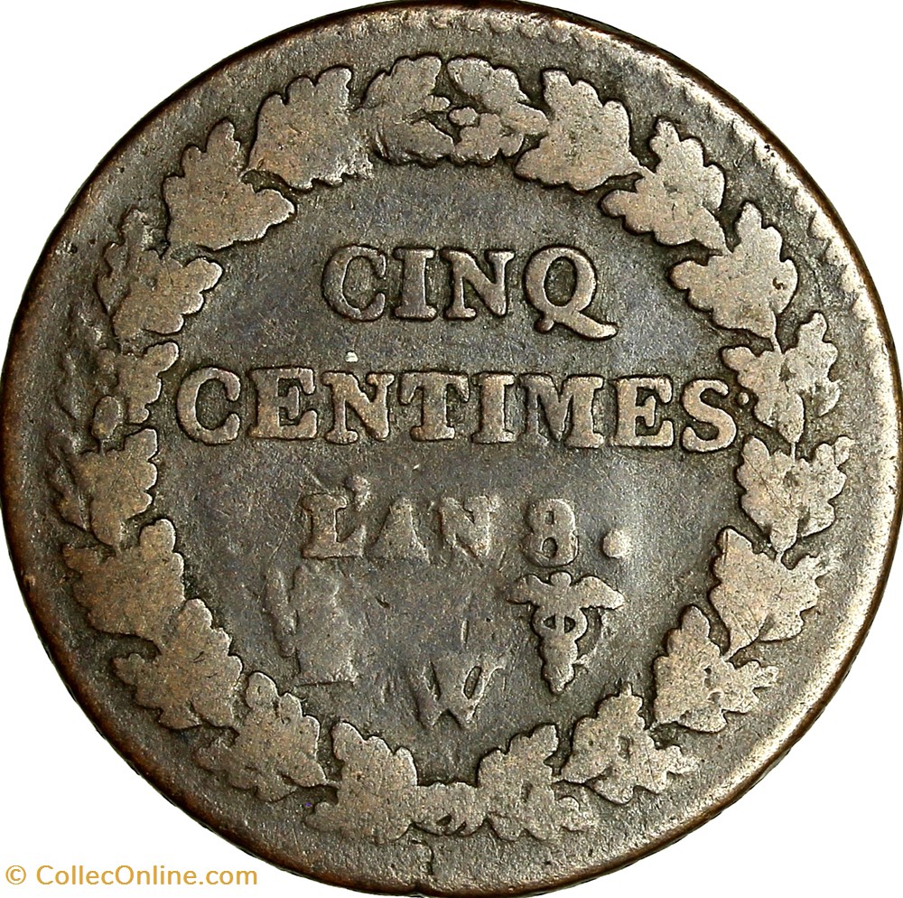 Cinq centimes Dupré, grand module, le Consulat, an 8 / 5, W / A, caducée / corne monnaies monde france cinq centimes dupre grand module le consulat an 8 5 w a caducee corne