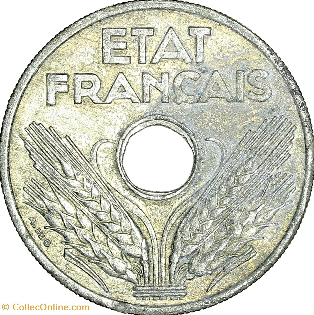 Vingt centimes Etat Français, Etat Français, 1941, coin bouché monnaies france modernes vingt centimes etat francais etat francais 1941 coin bouche