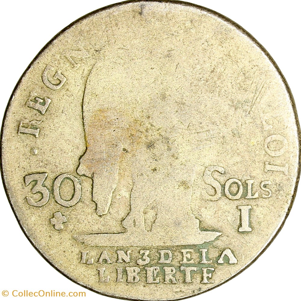 30 sols au Génie, type François, Louis XVI, 1791, an 3, Limoges monnaies monde france 30 sols au genie type francois louis xvi 1791 an 3 limoges