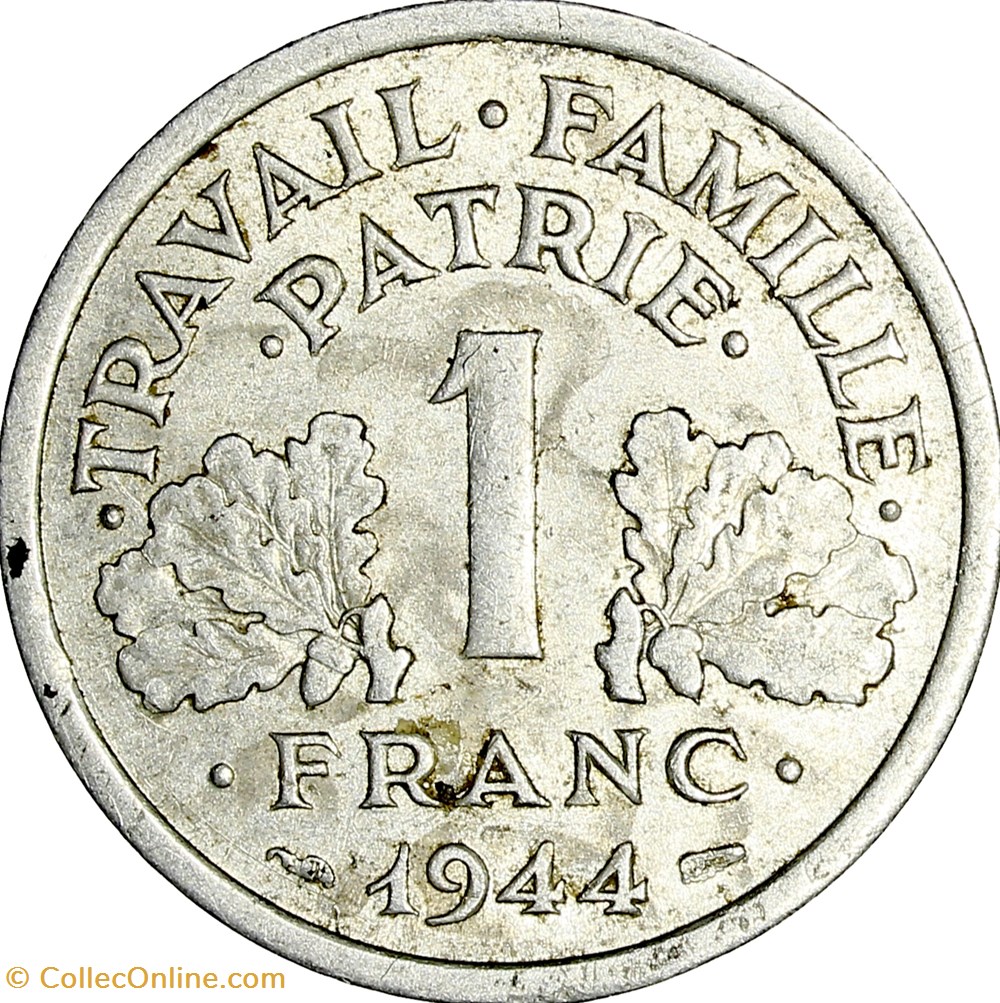 1 franc francisque, légère, Etat Français, 1944, petit C, Castelsarrasin monnaies monde france 1 franc francisque legere etat francais 1944 petit c castelsarrasin