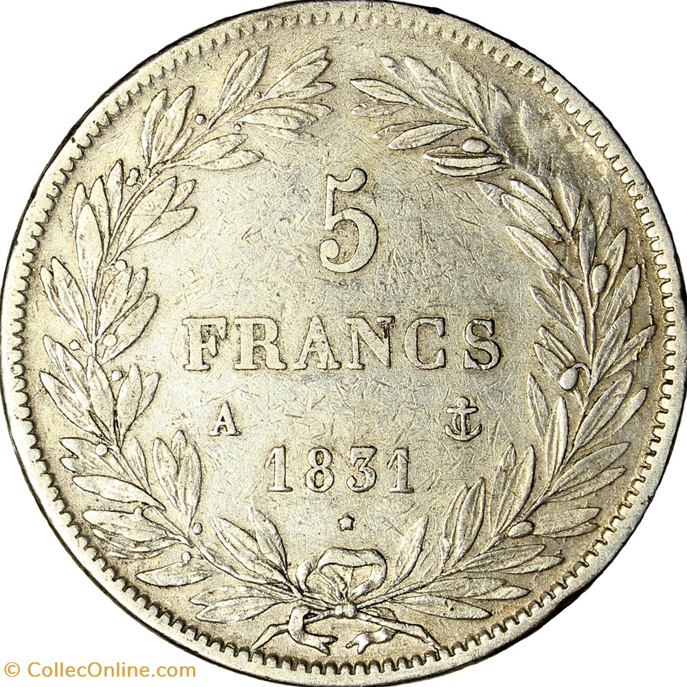 5 francs, type Tiolier, avec I, tranche en creux, Louis-Philippe Ier, 1831, Paris monnaies monde france 5 francs type tiolier avec i tranche en creux louis philippe ier 1831 paris