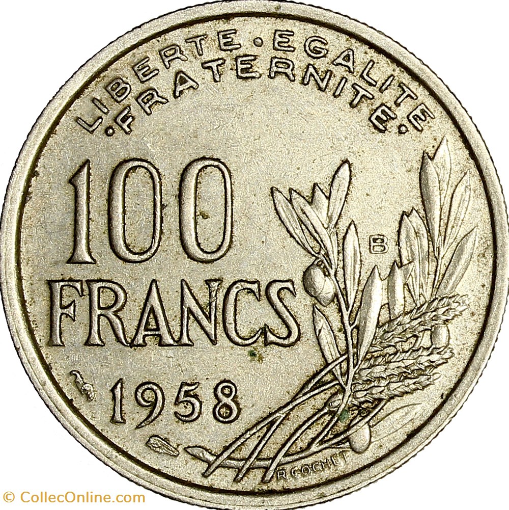 100 francs Cochet, IVe République, 1958, Beaumont-le-Roger monnaies monde france 100 francs cochet ive republique 1958 beaumont le roger