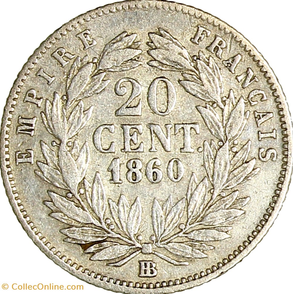 20 centimes, tête nue, Napoléon III, 1860, Strasbourg monnaies monde france 20 centimes tete nue napoleon iii 1860 strasbourg