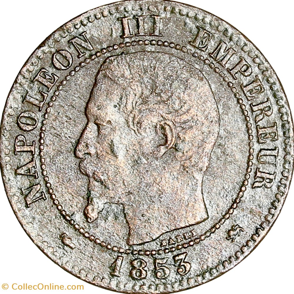 Deux centimes, tête nue, Napoléon III, 1853, grand D, Lyon monnaies monde france deux centimes tete nue napoleon iii 1853 grand d lyon