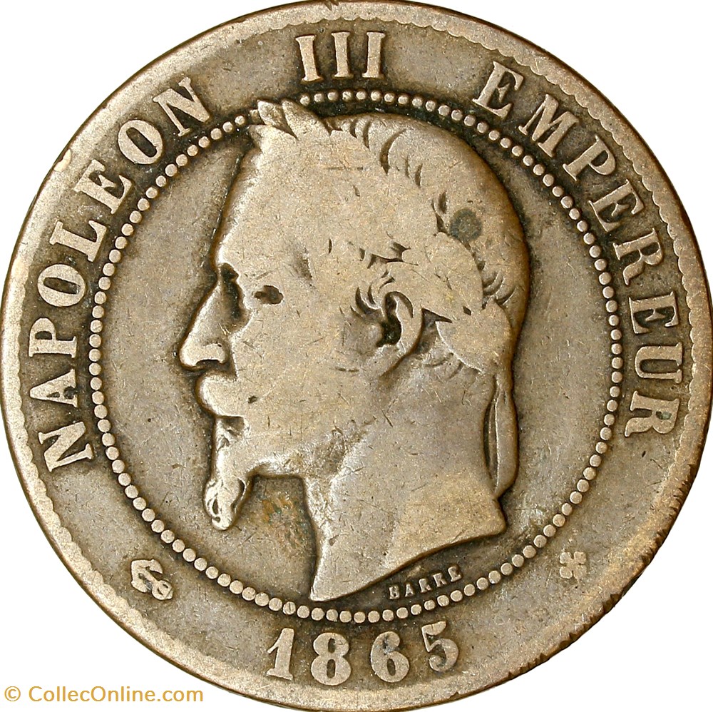 Dix centimes, tête laurée, Napoléon III, 1865, Strasbourg monnaies monde france dix centimes tete lauree napoleon iii 1865 strasbourg