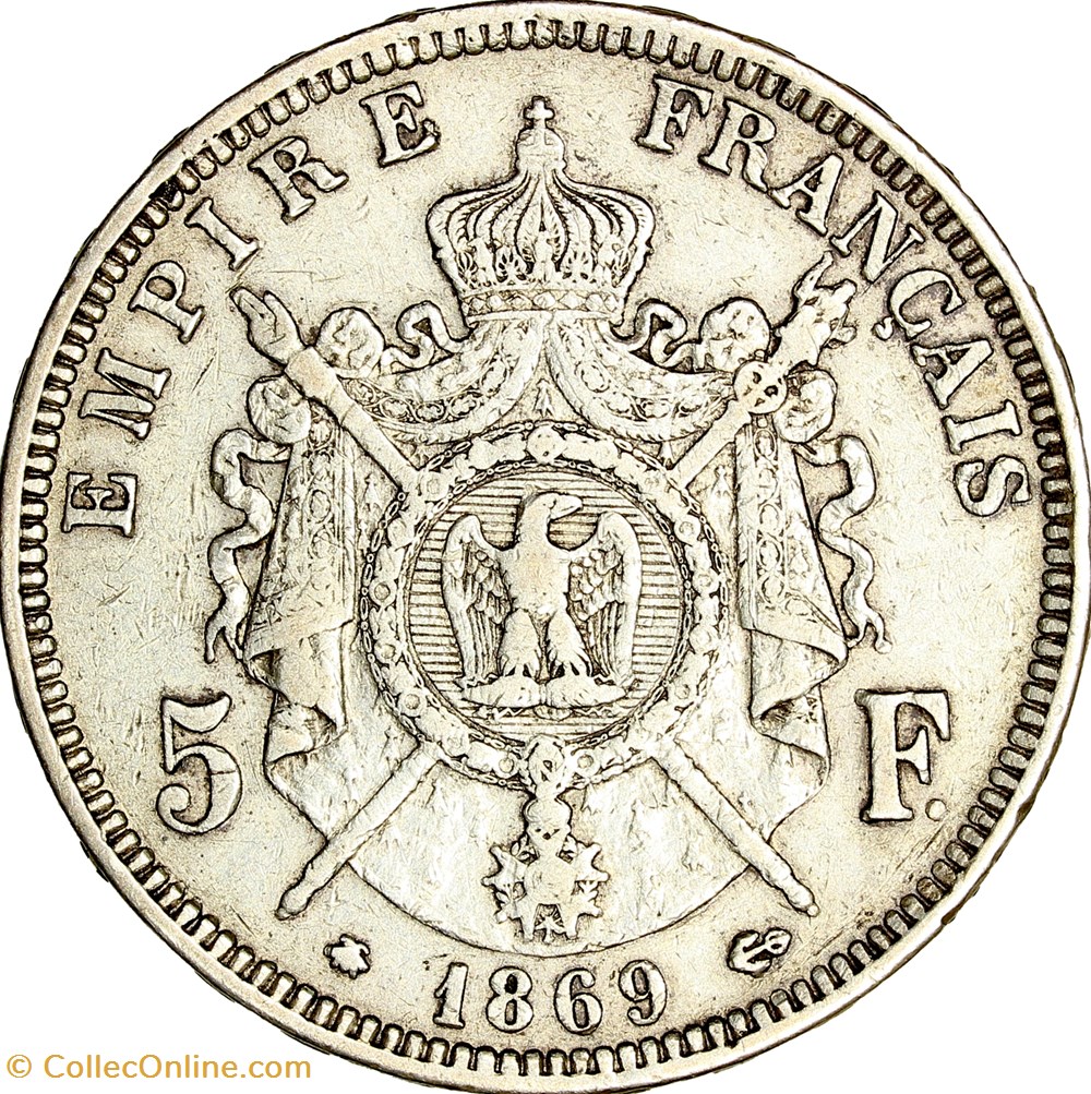 5 francs, tête laurée, Napoléon III, 1869, Paris monnaies monde france 5 francs tete lauree napoleon iii 1869 paris