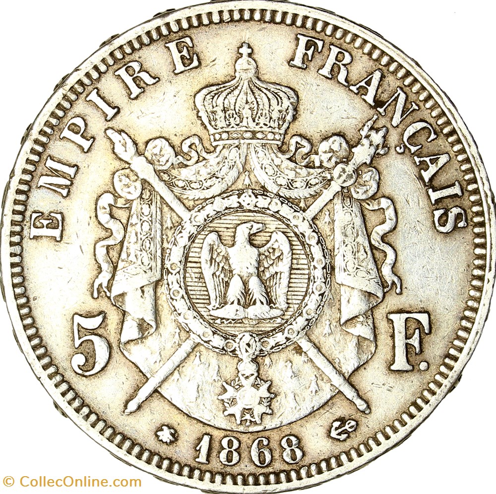 5 francs, tête laurée, Napoléon III, 1868, Paris monnaies monde france 5 francs tete lauree napoleon iii 1868 paris