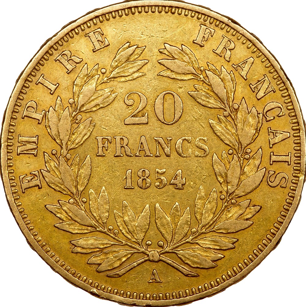20 francs, tête nue, Napoléon III, 1854, Paris monnaies monde france 20 francs tete nue napoleon iii 1854 paris
