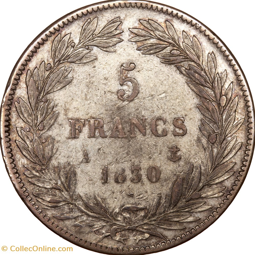 5 francs, type Tiolier, sans le I, tranche en creux, Louis-Philippe Ier, 1830, Paris monnaies monde france 5 francs type tiolier sans le i tranche en creux louis philippe ier 1830 paris