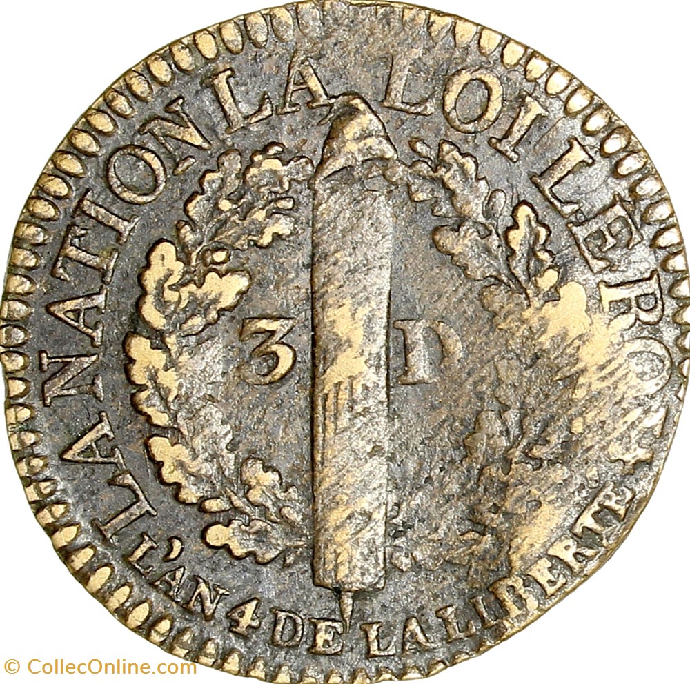 3 deniers au faisceau, type François, Louis XVI, 1792, an 4, Limoges, var. laiton monnaies monde france 3 deniers au faisceau type francois louis xvi 1792 an 4 limoges var laiton