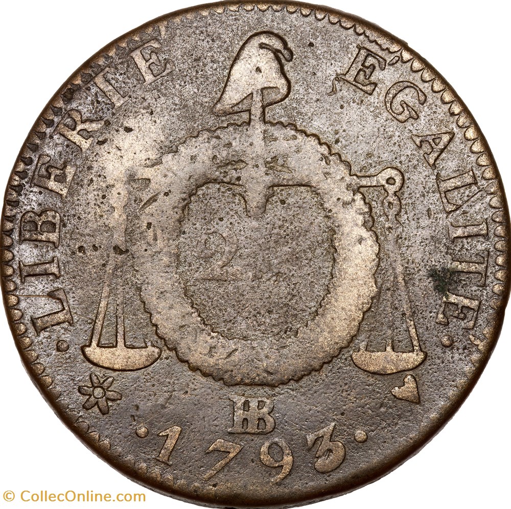 2 sols à la table de la loi, daté, la Convention, 1793, an II, Besançon monnaies monde france 2 sols a la table de la loi date la convention 1793 an ii besancon