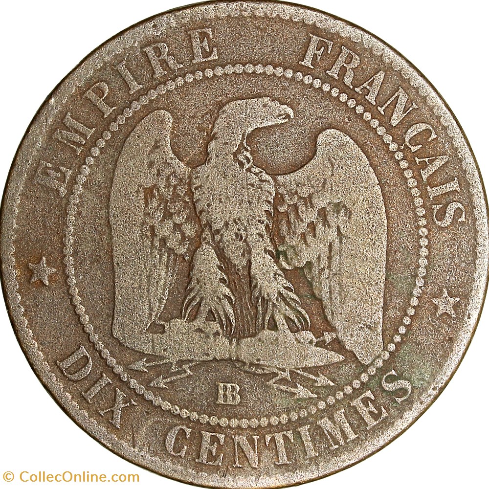 Dix centimes, tête nue, Napoléon III, 1854, petite abeille, Strasbourg monnaies monde france dix centimes tete nue napoleon iii 1854 petite abeille strasbourg