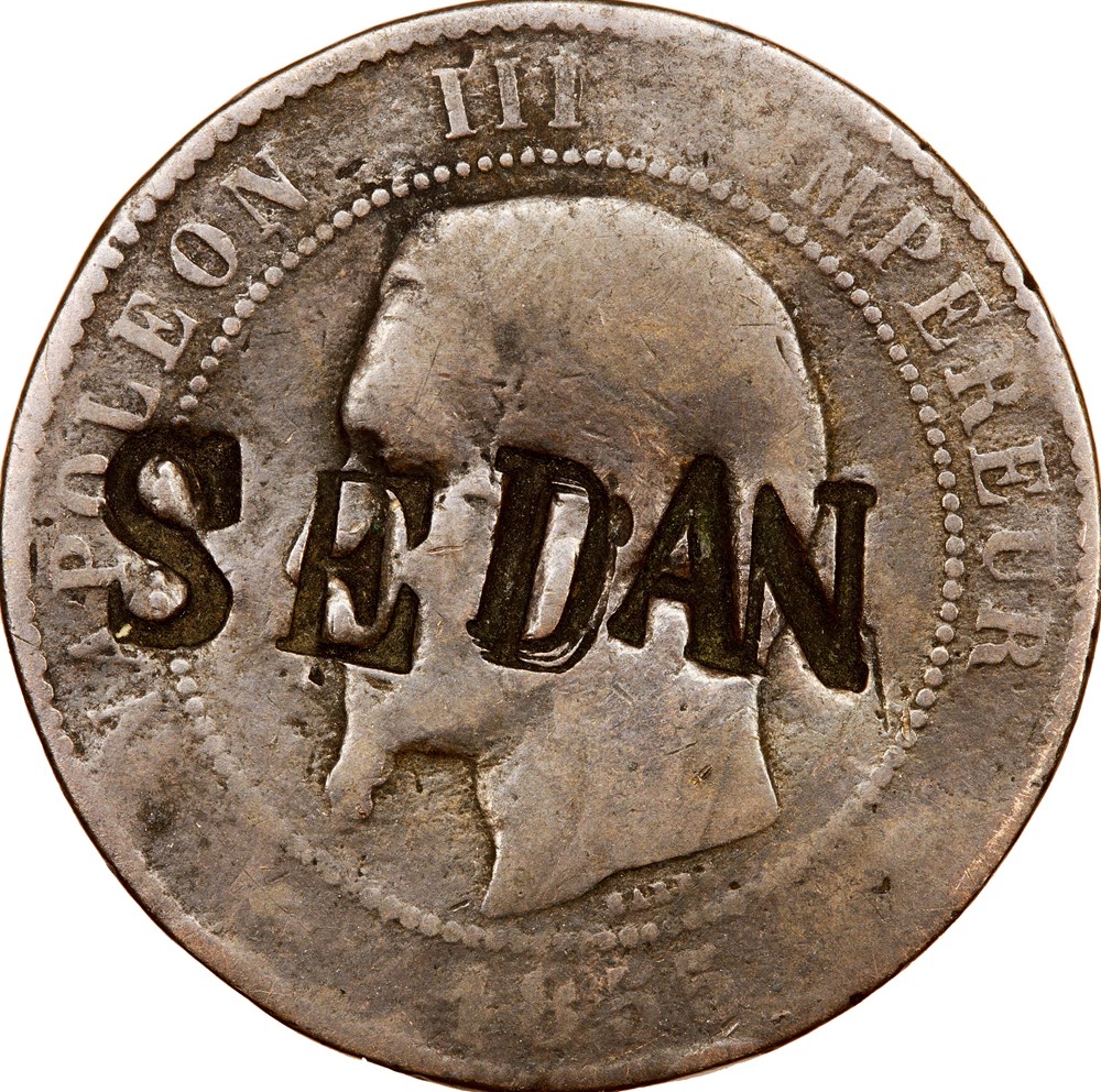 Dix centimes, tête nue, Napoléon III, 1855, ancre, Marseille, contremarque SEDAN monnaies monde france dix centimes tete nue napoleon iii 1855 ancre marseille contremarque sedan