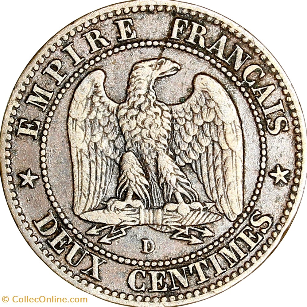 Deux centimes, tête nue, Napoléon III, 1855, ancre, petit lion, petit D, Lyon monnaies monde france deux centimes tete nue napoleon iii 1855 ancre petit lion petit d lyon