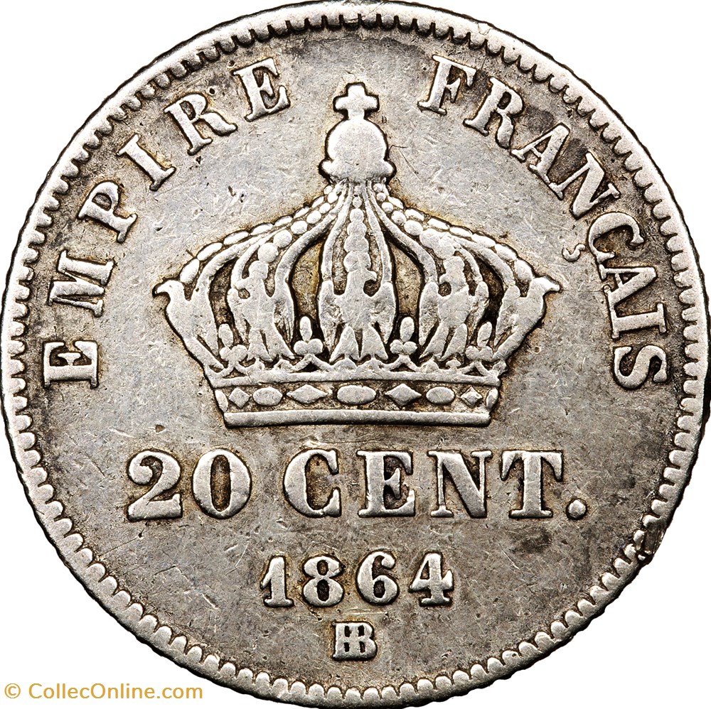 20 centimes Napoléon III, tête laurée, petit module, Napoléon III, 1864, Strasbourg monnaies monde france 20 centimes napoleon iii tete lauree petit module napoleon iii 1864 strasbourg