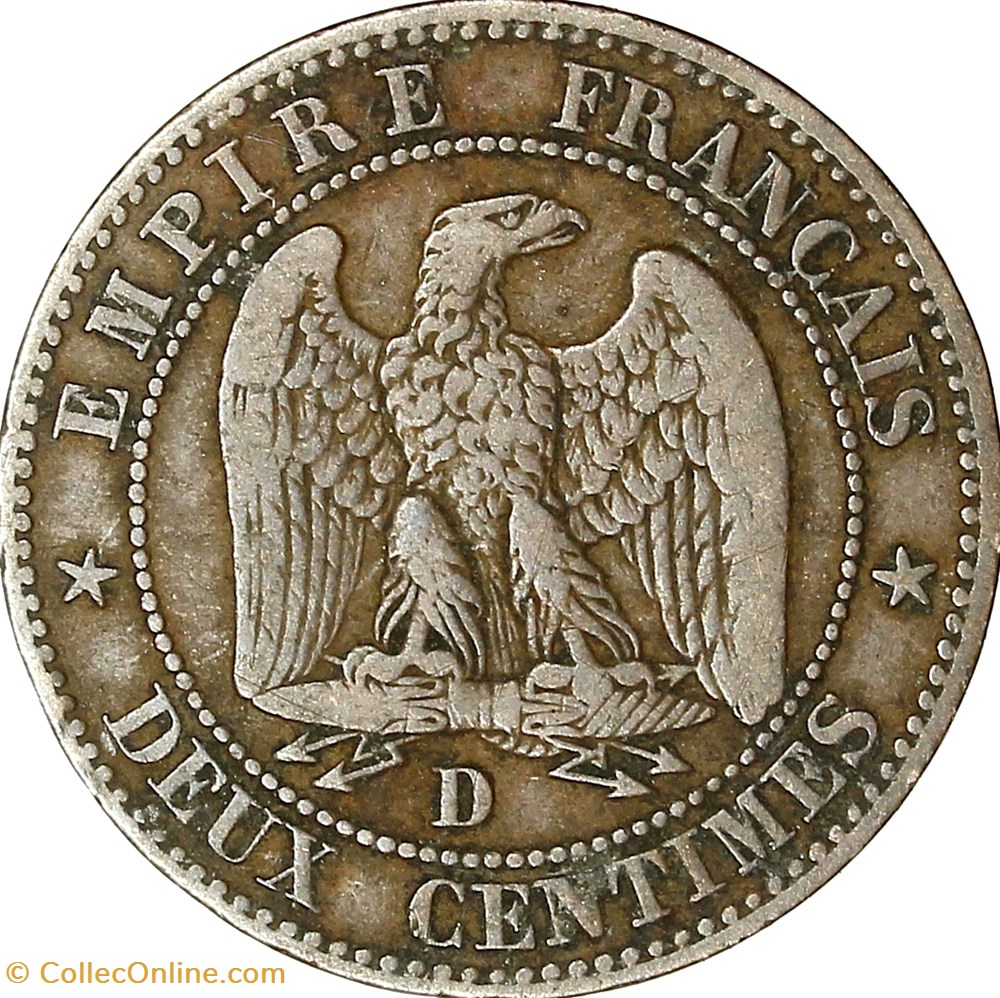 Deux centimes, tête nue, Napoléon III, 1855, ancre, grand lion, grand D, Lyon monnaies monde france deux centimes tete nue napoleon iii 1855 ancre grand lion grand d lyon