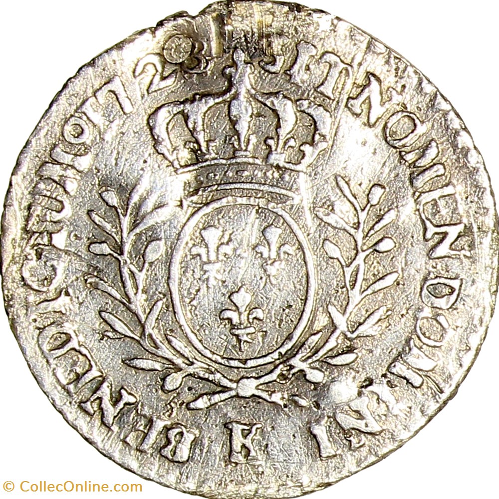 Vingtième d'écu aux branches d'olivier, Louis XV, 1728, Bordeaux monnaies europe medievale france royales vingtieme ecu aux branches olivier louis xv 1728 bordeaux