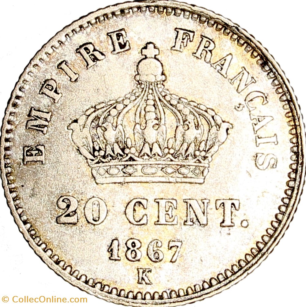 20 centimes Napoléon III, tête laurée, grand module, Napoléon III, 1867, Bordeaux monnaies monde france 20 centimes napoleon iii tete lauree grand module napoleon iii 1867 bordeaux