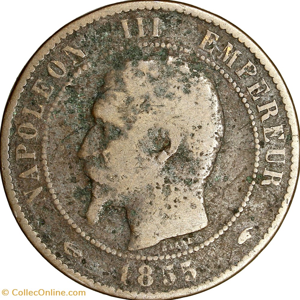 Dix centimes, tête nue, Napoléon III, 1855, ancre, Paris monnaies monde france dix centimes tete nue napoleon iii 1855 ancre paris