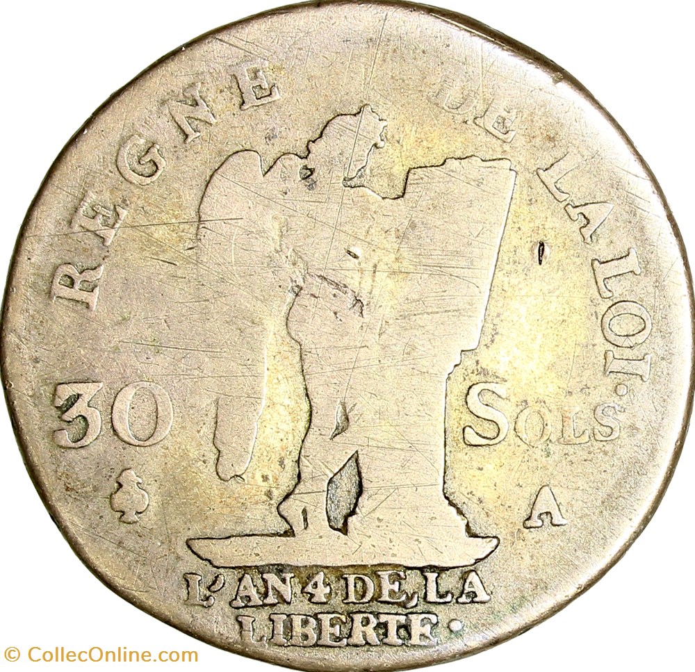 30 sols au Génie, type François, Louis XVI, 1792, an 4, Paris monnaies monde france 30 sols au genie type francois louis xvi 1792 an 4 paris