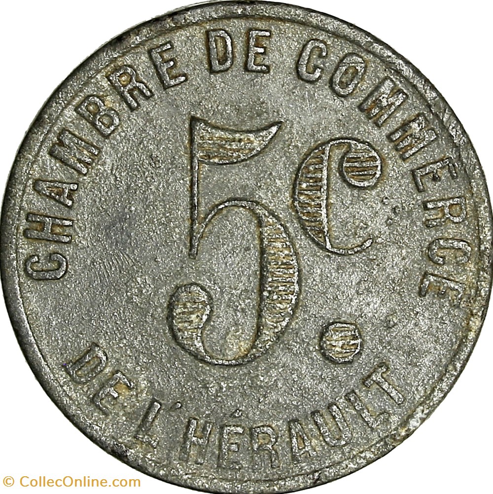 5 centimes, Chambre de Commerce de l'Hérault, 1918-1921 monnaies monde france 5 centimes chambre de commerce de herault 1918 1921