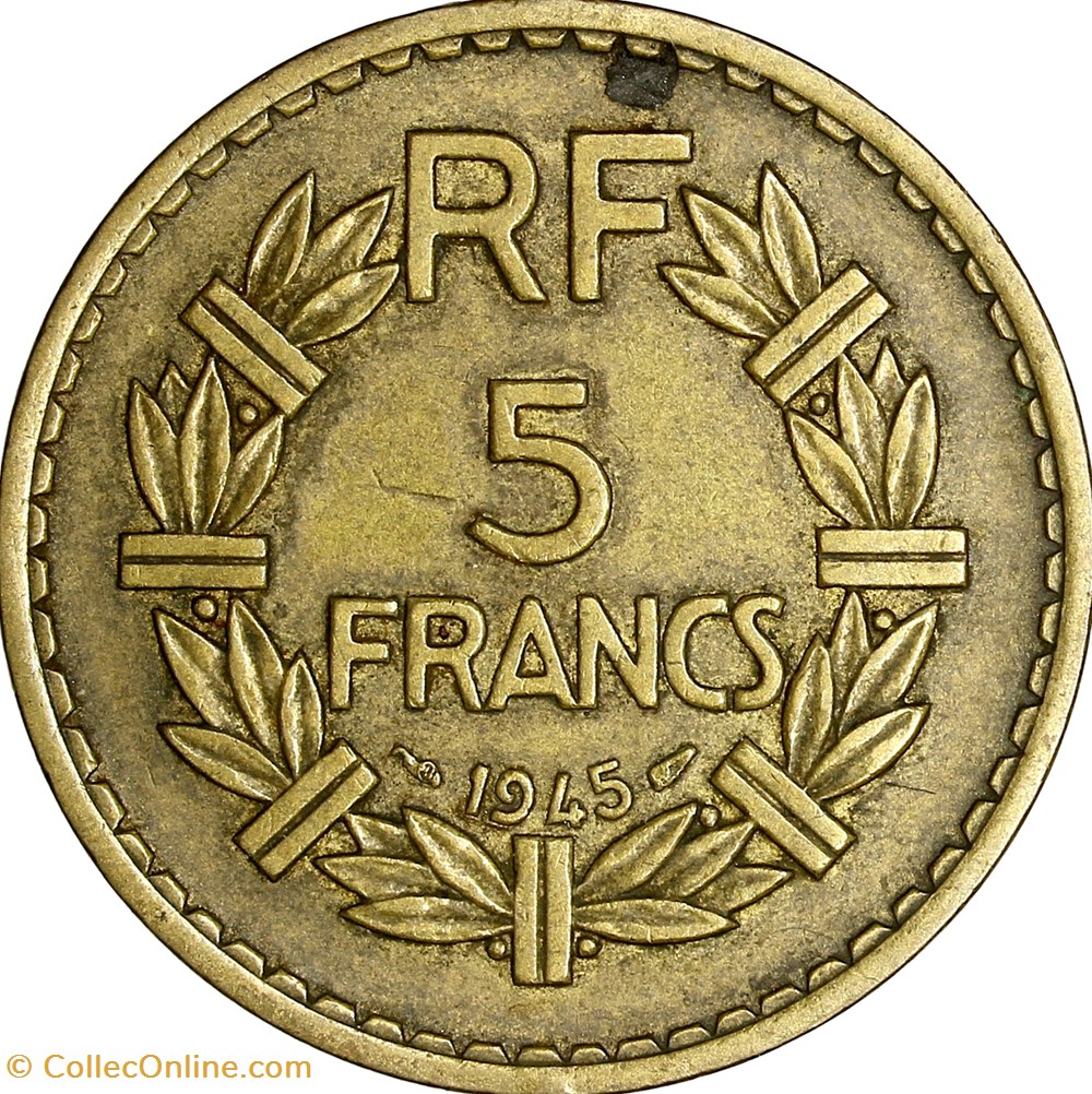 5 francs Lavrillier, bralu, GPRF, 1945 monnaies france modernes 5 francs lavrillier bralu gprf 1945
